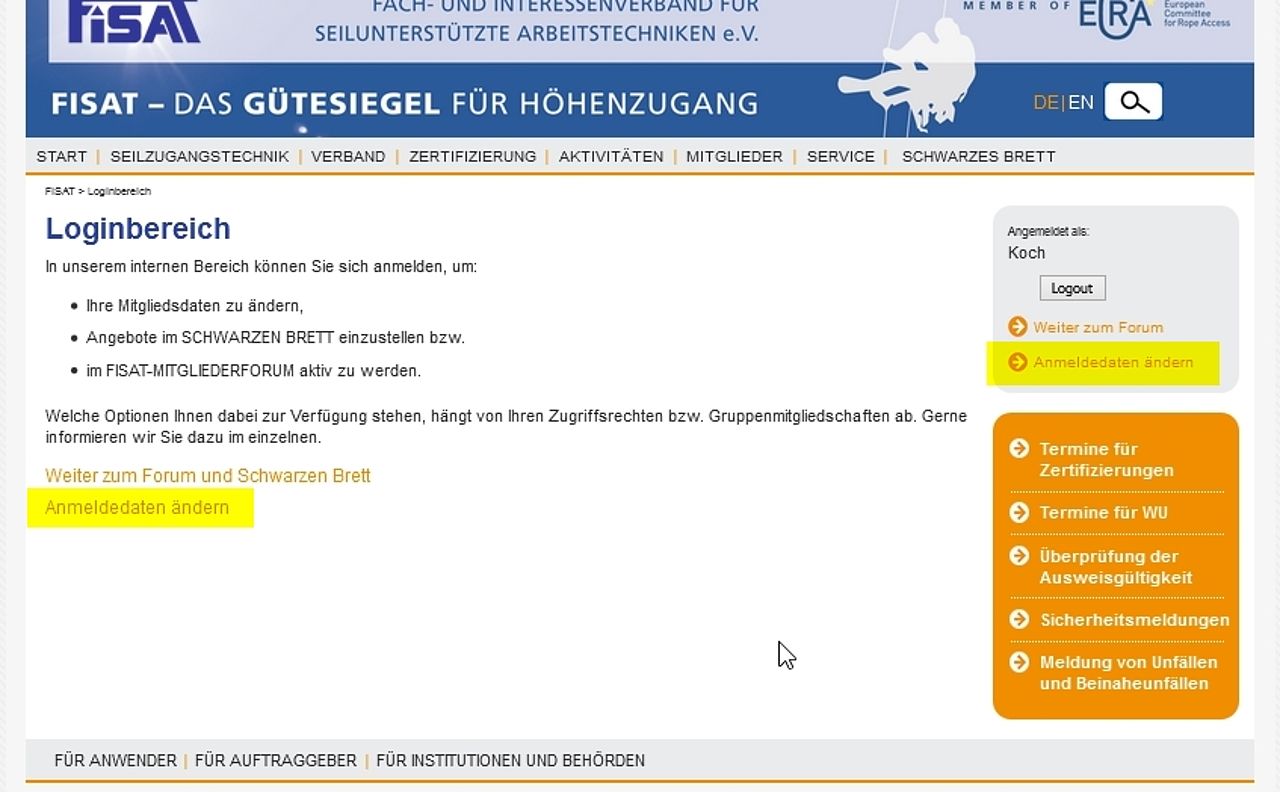 FISAT Mitgliederprofil: Anmeldedaten ändern, Firmenlogo hochladen und Profil aktualisieren – Schritt-für-Schritt Anleitung.